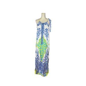 Ruby Yaya Blue & Green Maxi Dress L/XL Boho Style Intricate Embroidery Loose Fit